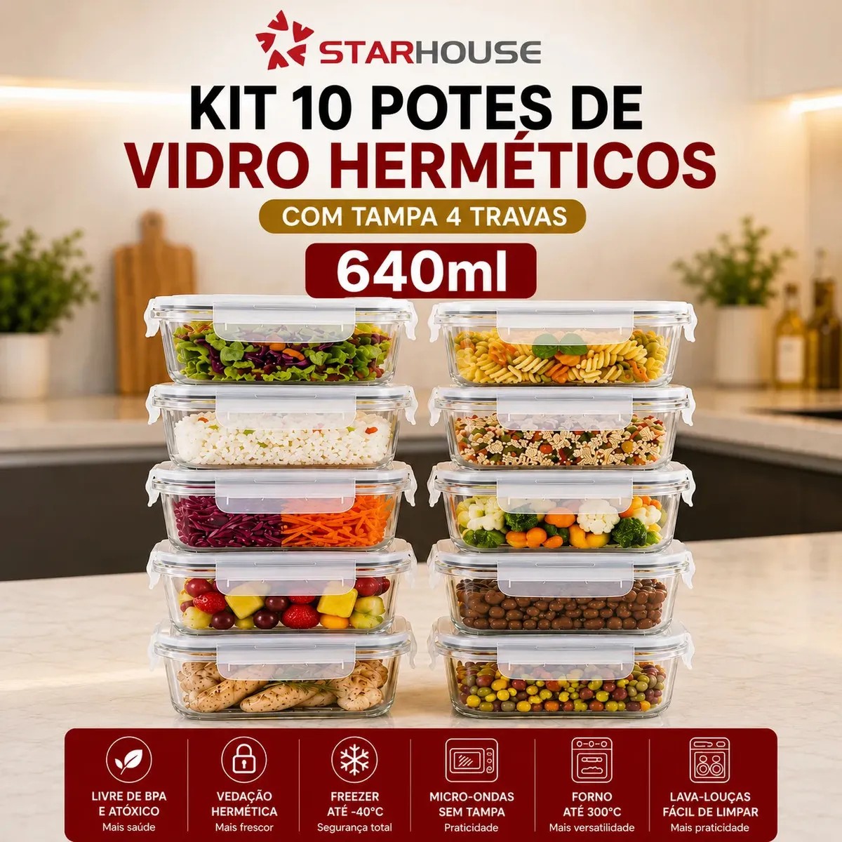 Kit 10 Potes Vidro 640ml Hermético