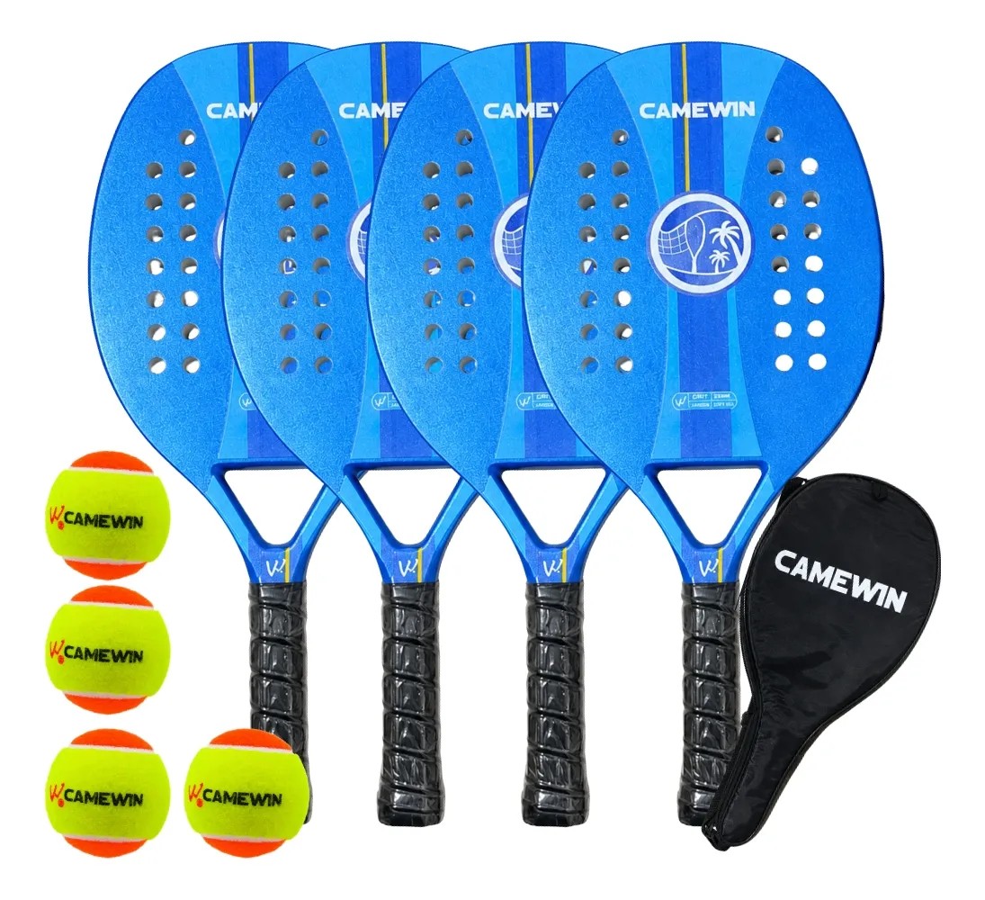Kit 4 Raquetes Beach Tennis Camewin Carbono + 4 Bolas Azul