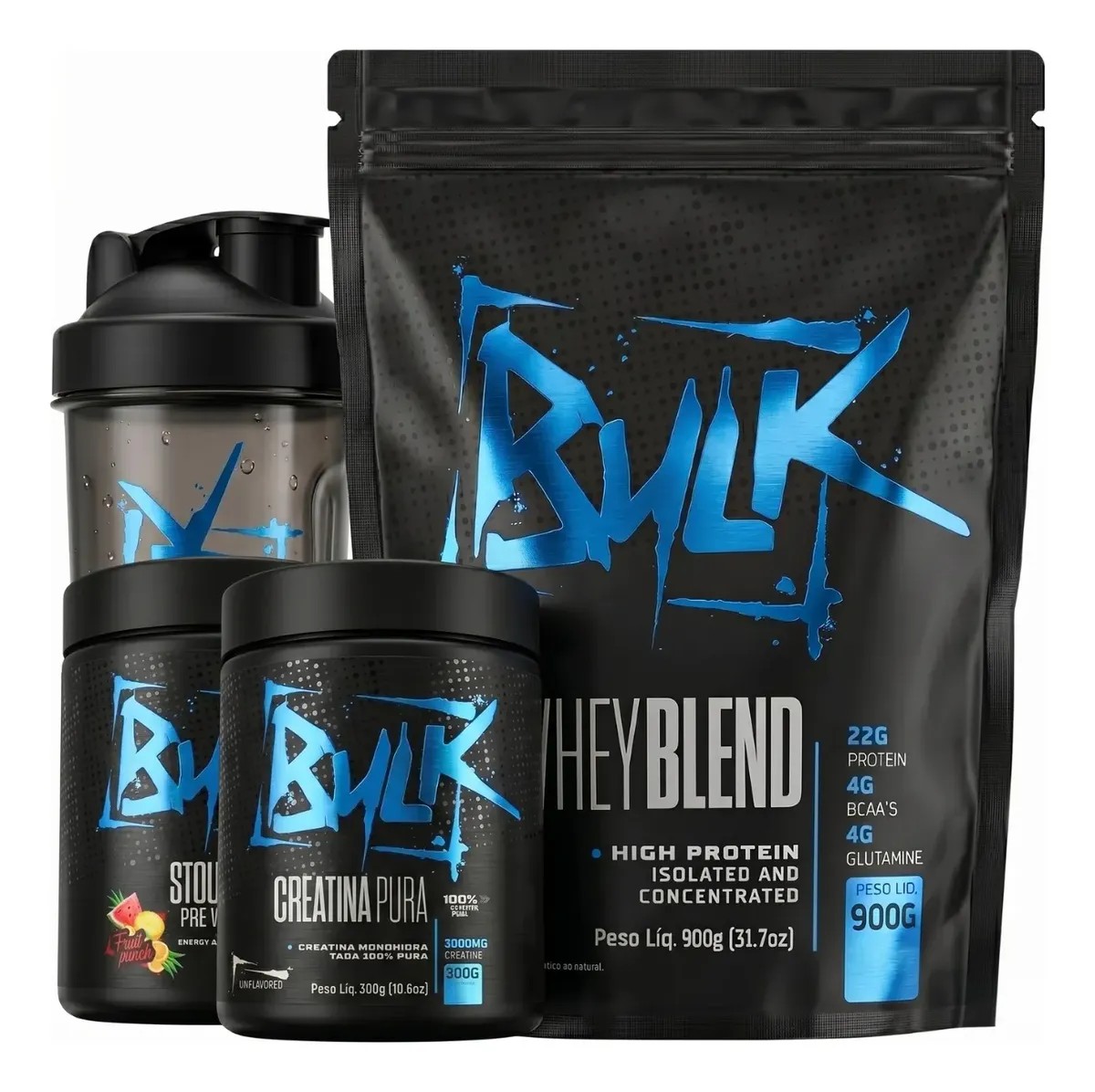 Kit Whey Protein Isolado + Creatina + Pré Treino + Shaker Bulk
