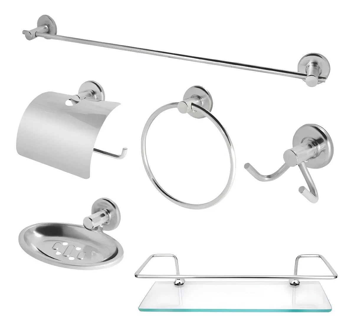 Kit Acessórios Banheiro Inox 5 peças + 1 Porta Shampoo Reto Cor Prateado