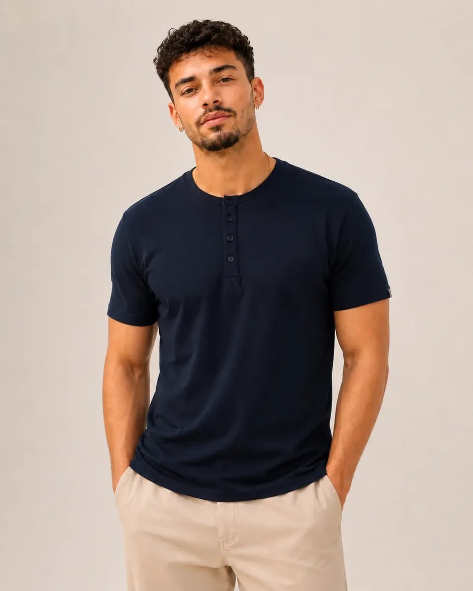 Camiseta Henley Slim Fit Algodão