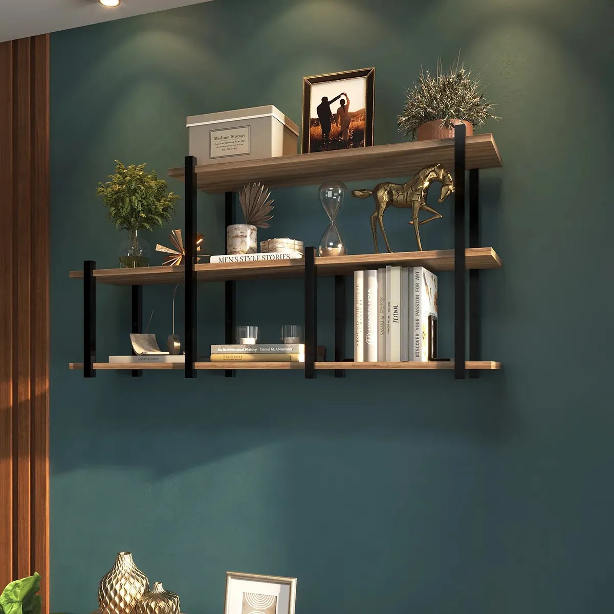 Prateleira Industrial de Parede em Ferro Preto com Madeira Laminada