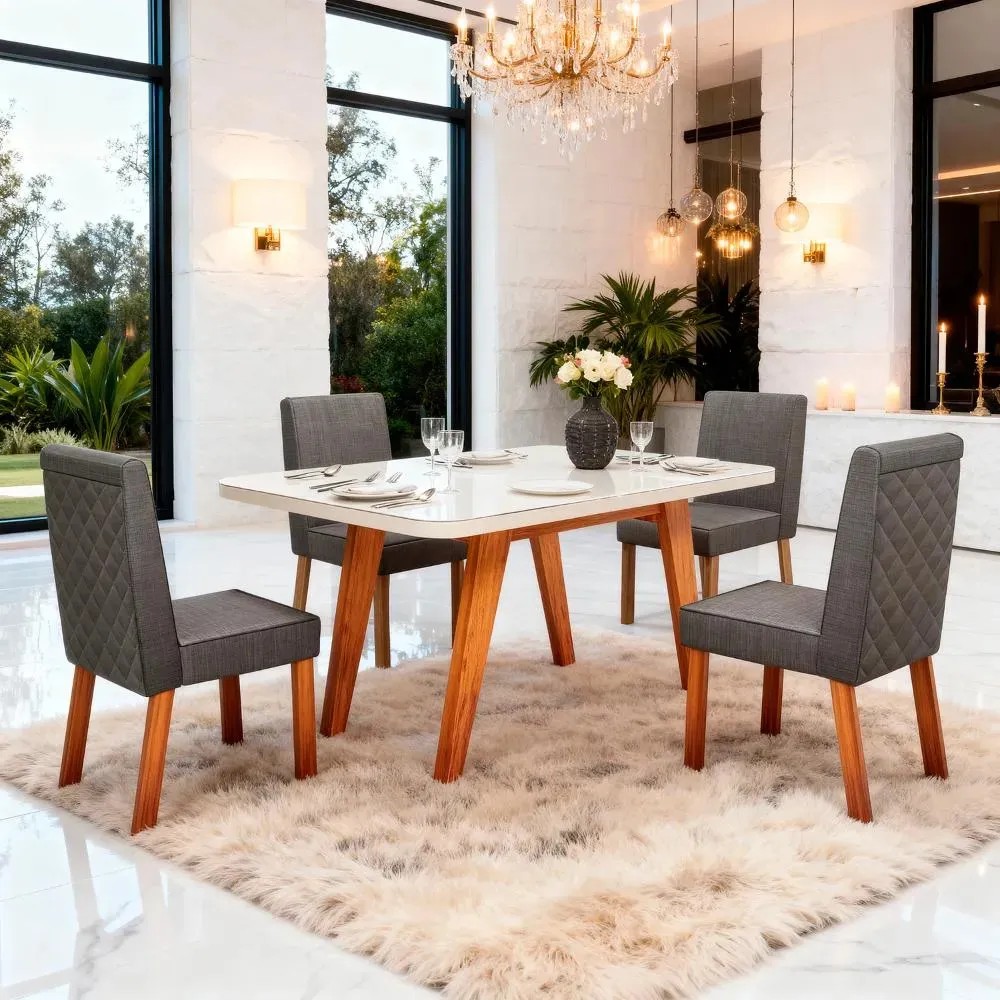 Sala De Jantar 130x90 Mavie Vidro Off 4 Cadeiras