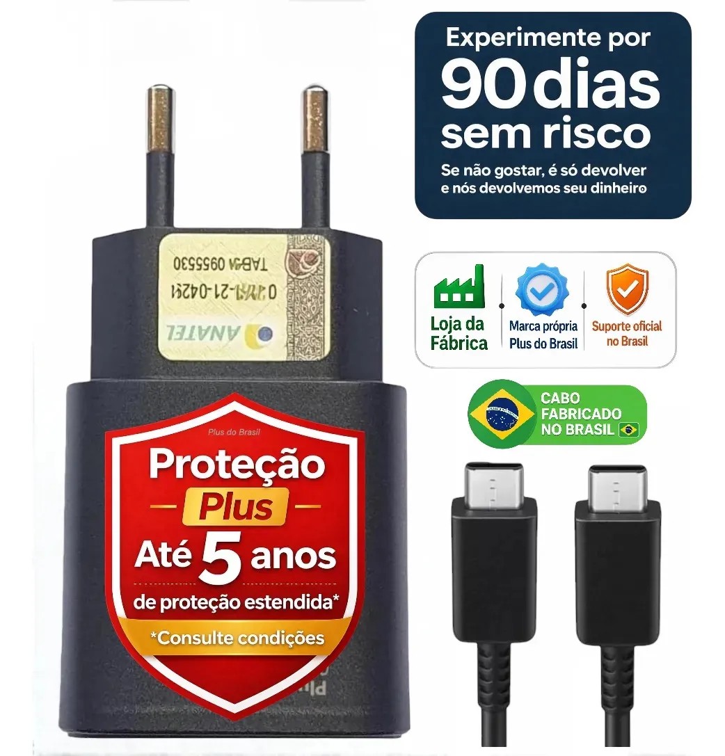 Carregador 25W + Cabo Blindado Tipo Usb C - Plus do Brasil