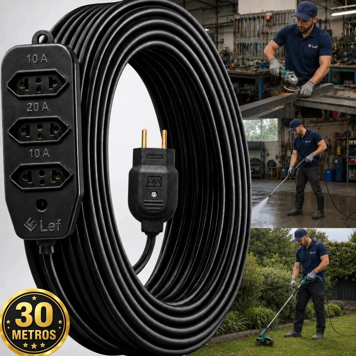 Extensão 30 metros Cabo PP Reforçada Obra Profissional 10/20A Preto