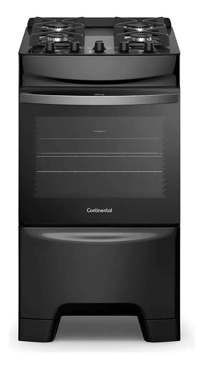 Fogão 4 Bocas Continental Preto Mesa de Vidro, Forno Eco Turbo e Grades Ferro Fundido (FC4GB) Bivolt