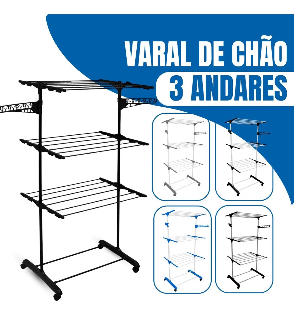 Varal De Chão Varal De Roupas 3 Andares Dobrável Grande C/ 4 Rodas