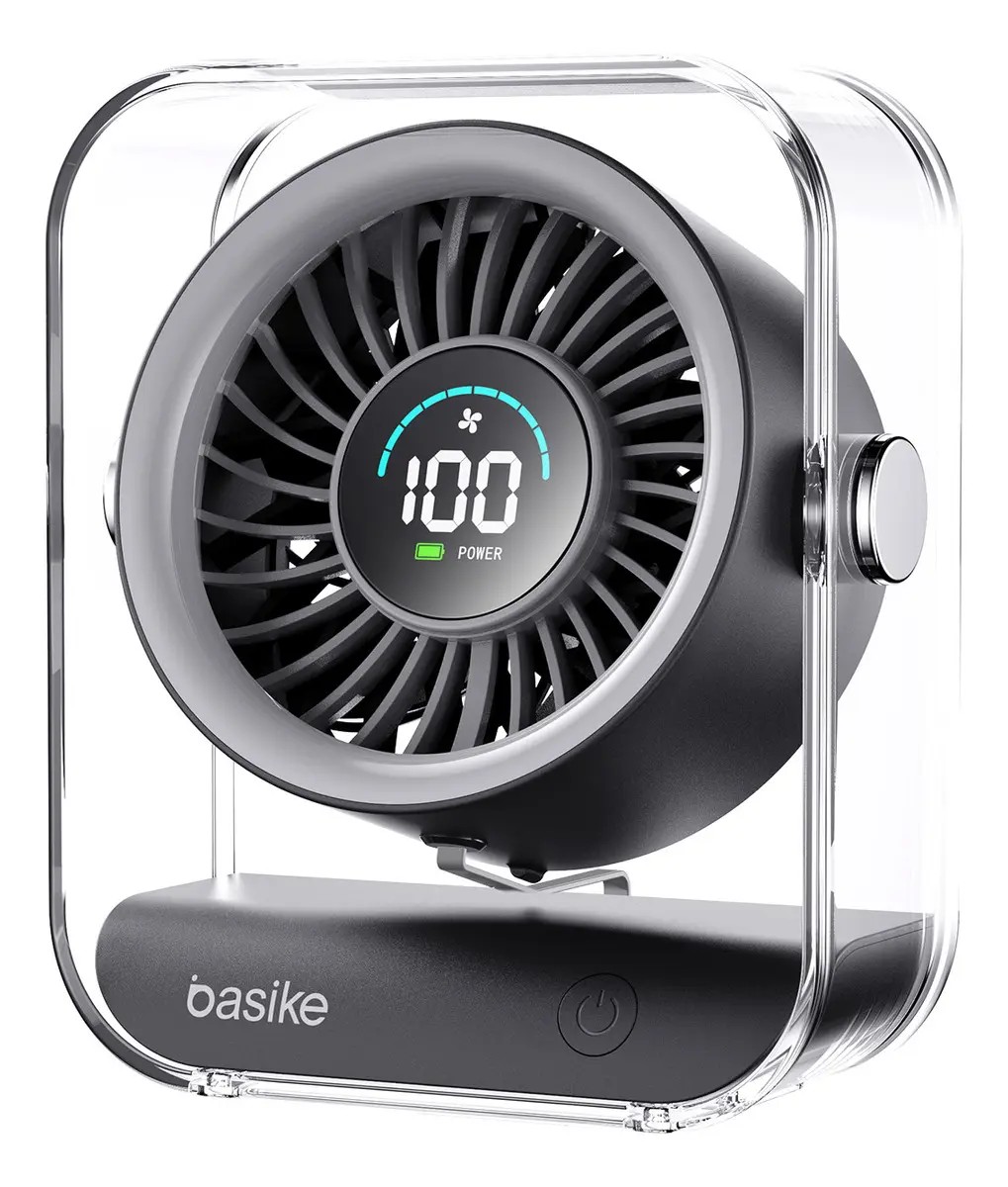Mini Ventilador Portátil Basike de Mesa Recarregável com Base e LED, Preto