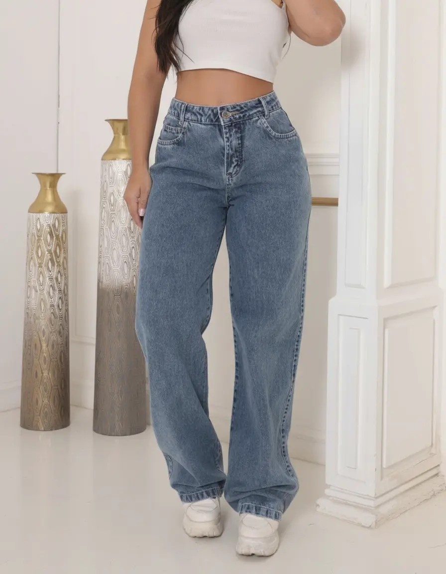 Calça Jeans Wide Leg Cintura Alta Sem Lycra Stillge