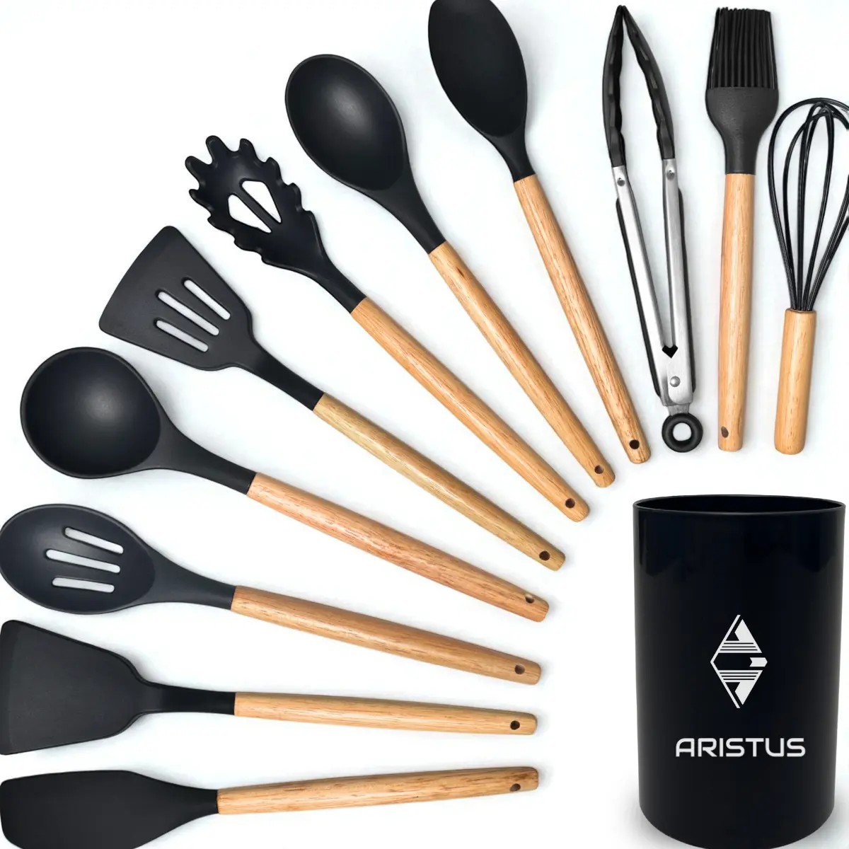 Kit 12 Utensílios Em Silicone Com Cabo De Madeira