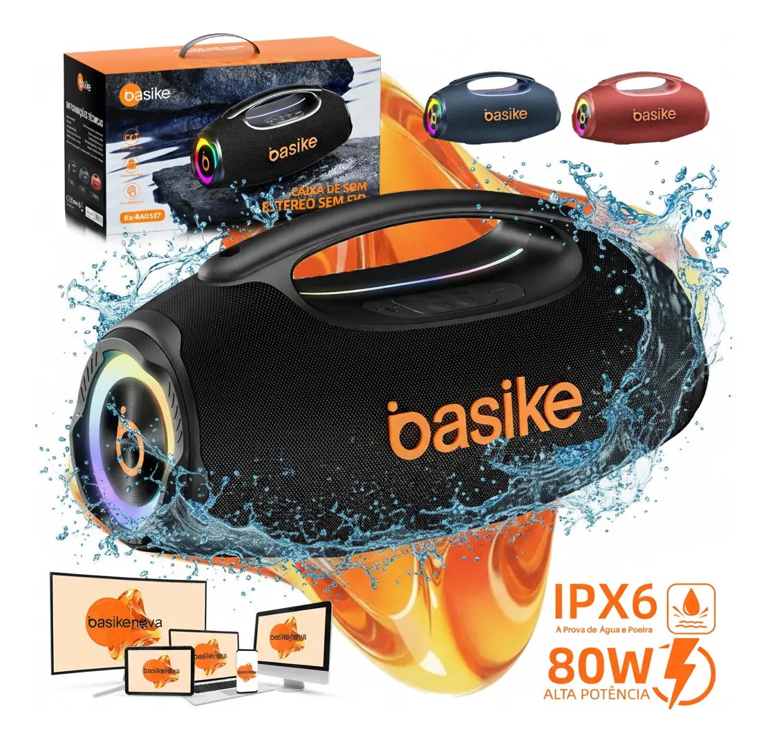 Basike Caixa de Som Portátil Boombox 80W IPX6