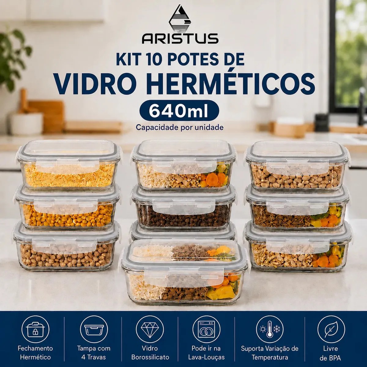 Kit com 10 Potes Vidro Hermético 640ml
