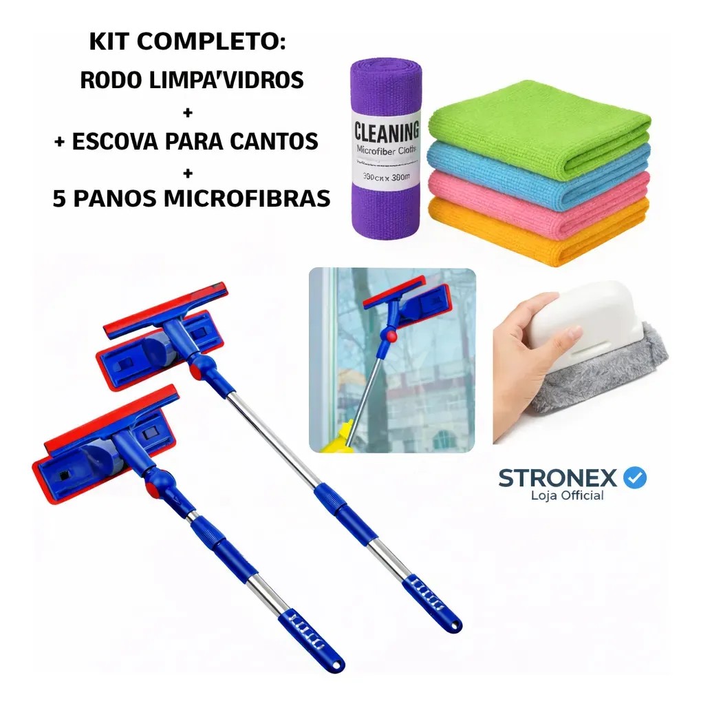 Kit Rodo Limpa Vidros Stronex com 5 flanelas! Brilho fácil! ✨