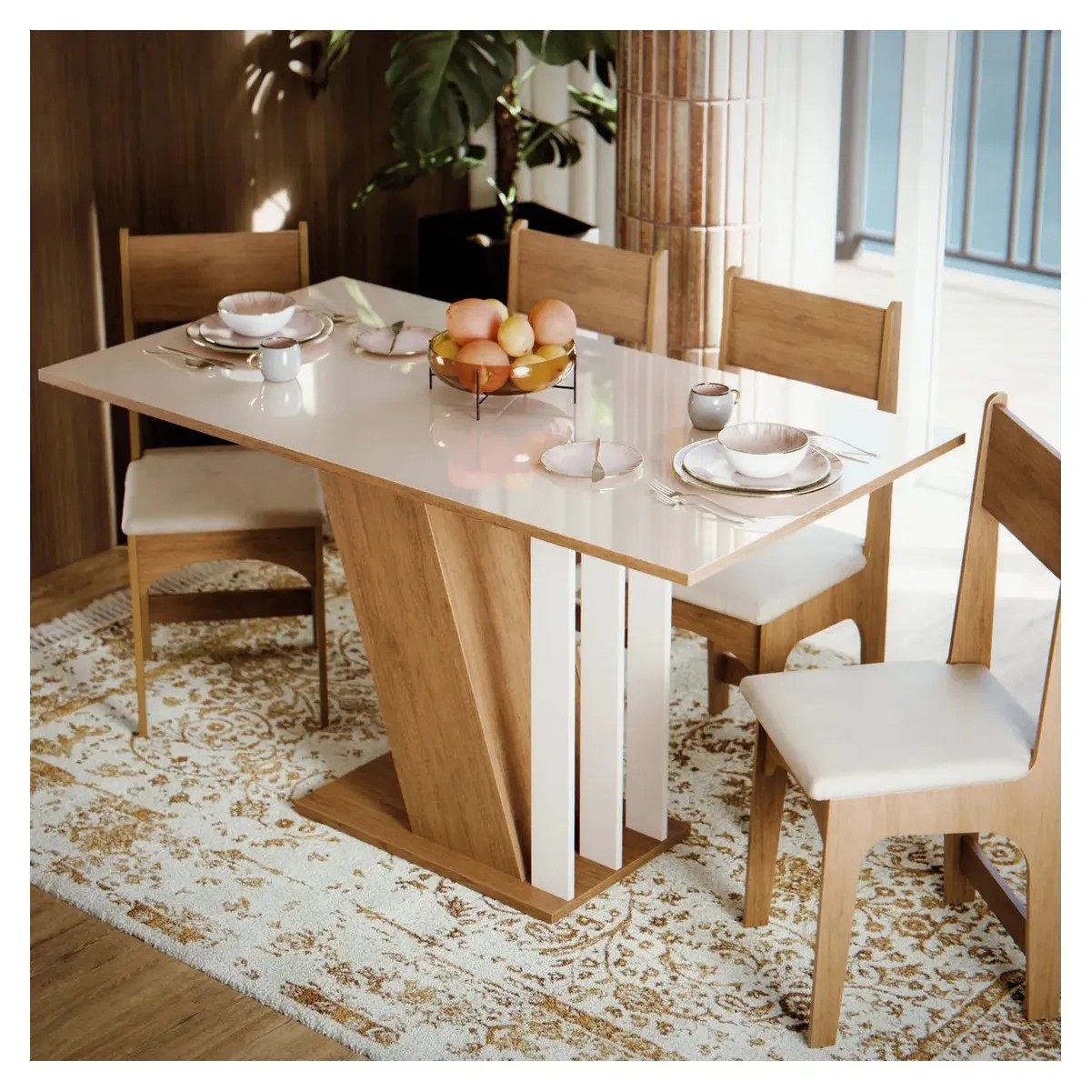 Mesa de Jantar com 4 Cadeiras Estofadas e Tampo em MDF