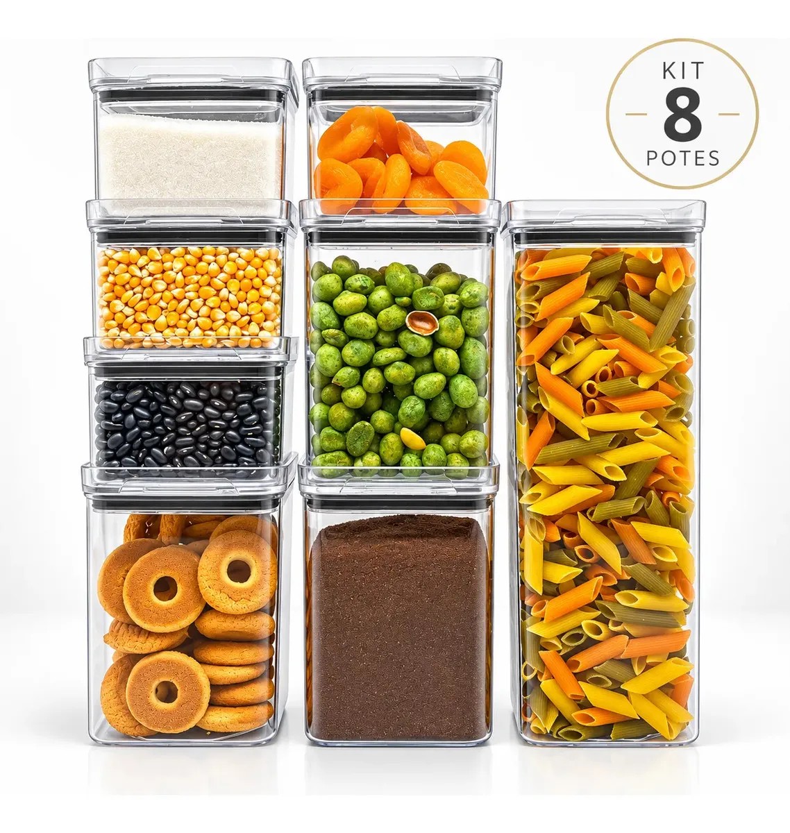 Kit 8 Potes Herméticos Quadrado: Organize sua cozinha com charme e praticidade! ✨