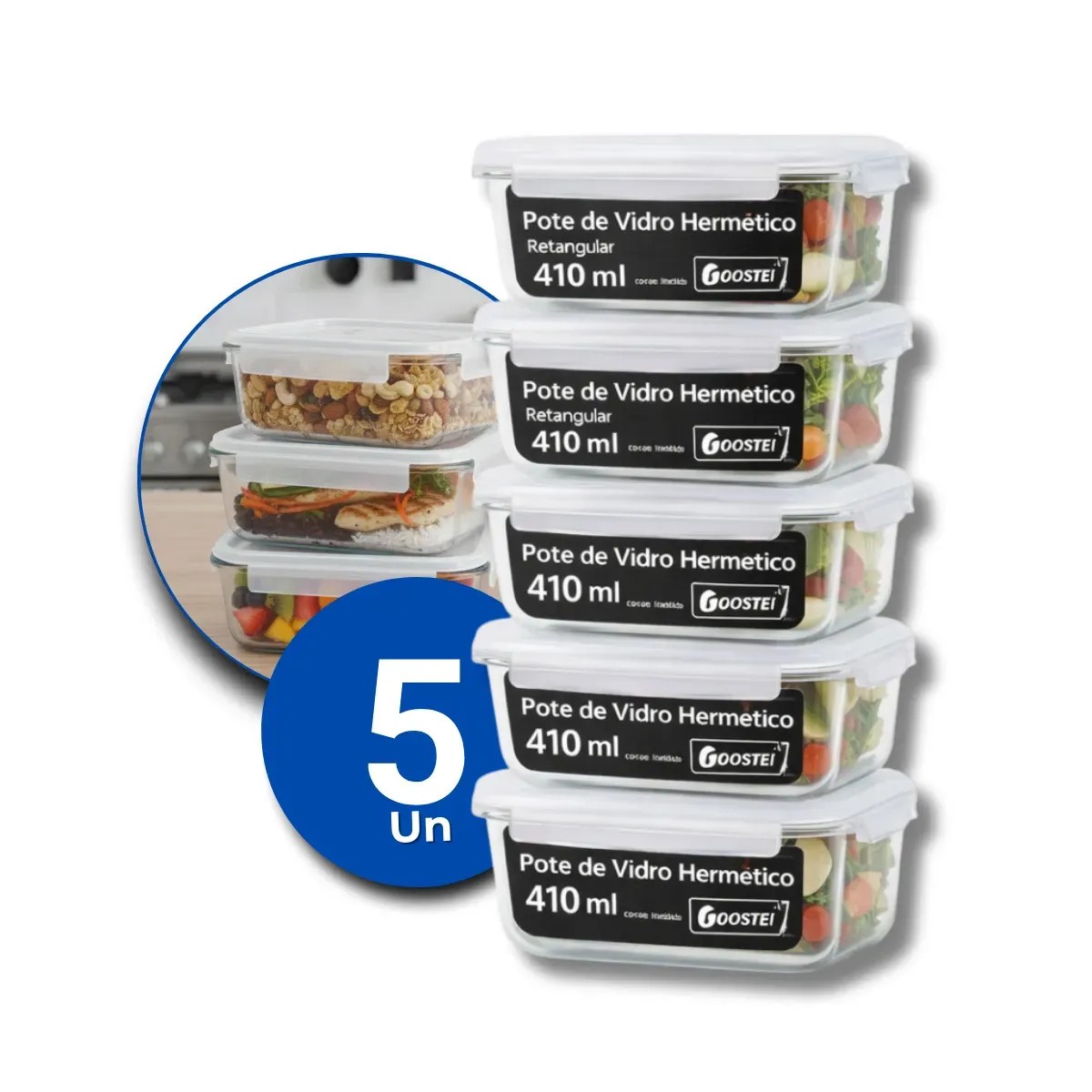 Kit 5 potes herméticos retangulares 410ml: marmita perfeita forno! ✨