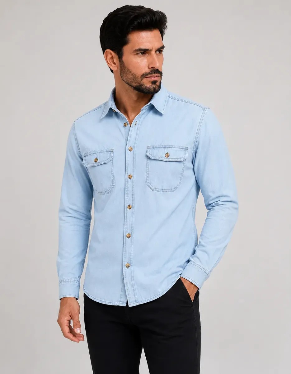 Camisa Jeans Social Slim Manga Longa