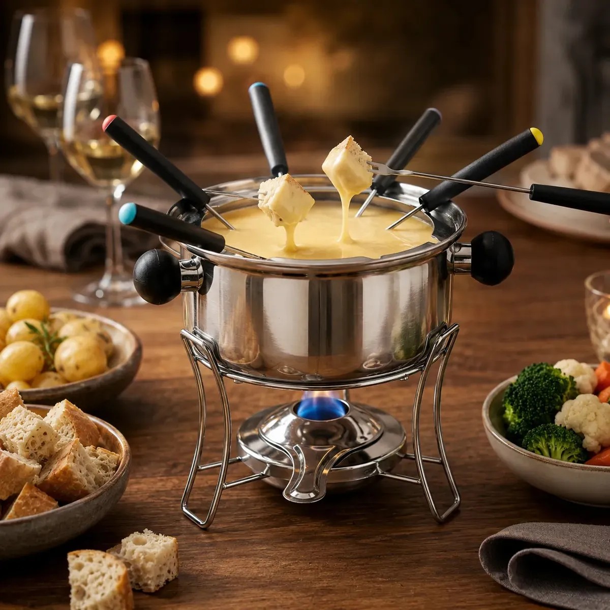 Kit Fondue 10 Peças Inox Jogo de Panelas 1L para 6 Pessoas com Garfos e Suporte Tattoo Style