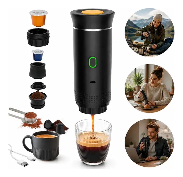 CAFETEIRA EXPRESSO PORTÁTIL 3 EM 1 – Funciona com cápsulas e pó, perfeita pra viagens