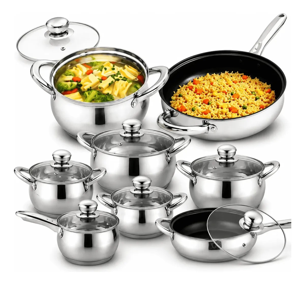 Kit 12 panelas antiaderente inox, tampa de vidro!