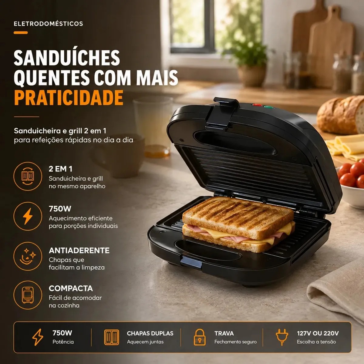 Sanduicheira Elétrica Preta Luxe Grill 2 em 1