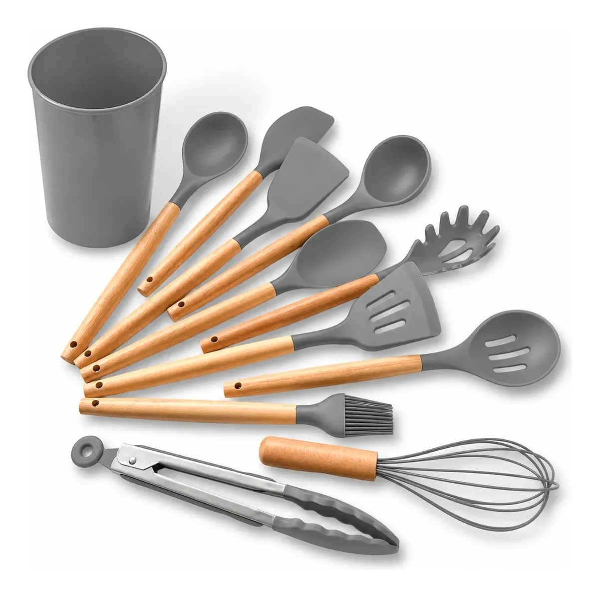 Kit 12 utensílios silicone cinza: sua cozinha completa e elegante! ✨