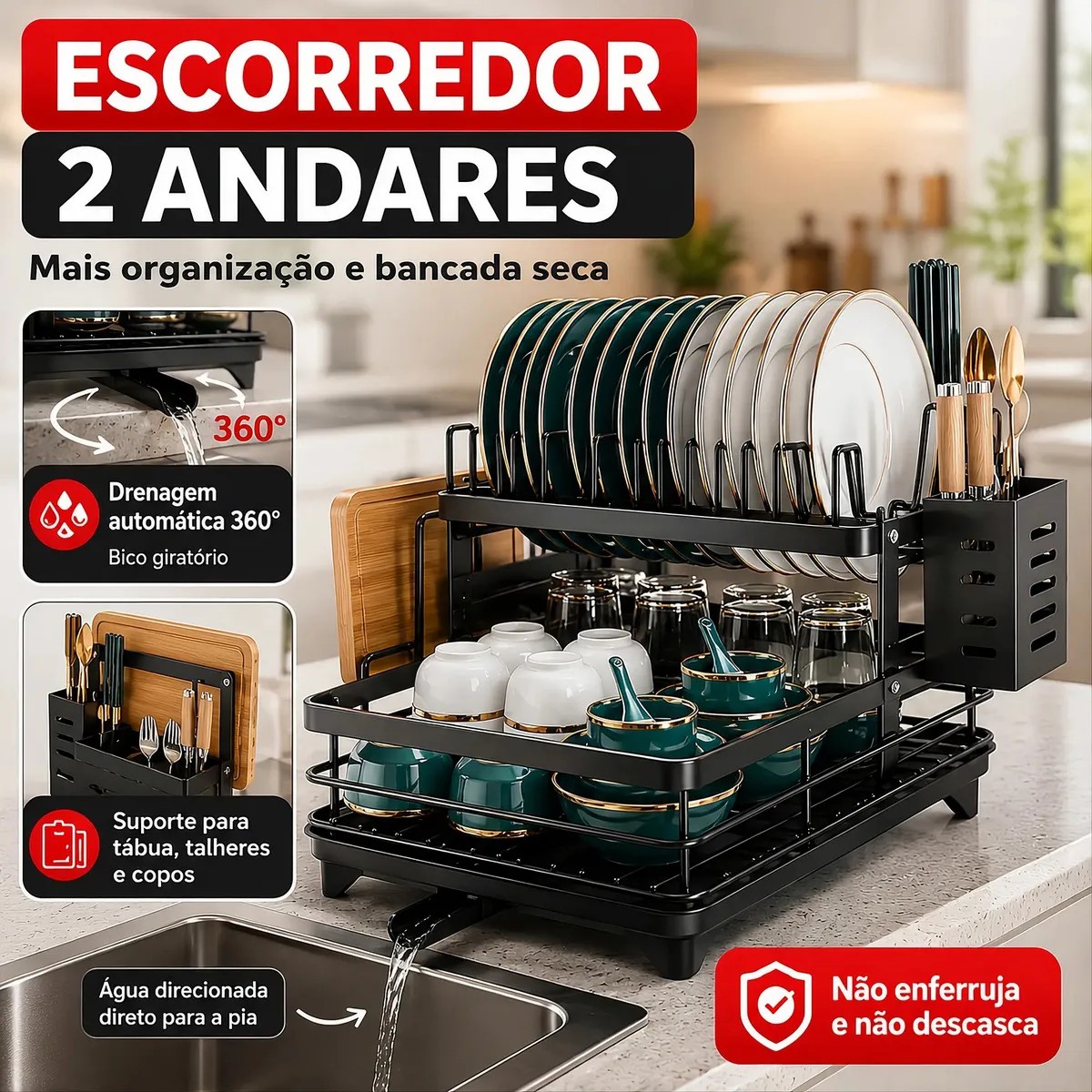 Escorredor 2 andares Inox, sua pia organizada e seca! ✨