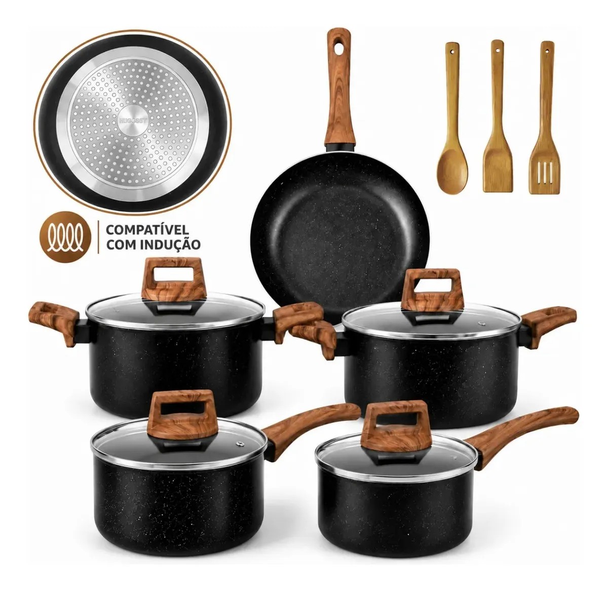 Kit 8 Peças Teflon Preto: Cozinhe sem grudar! ✨