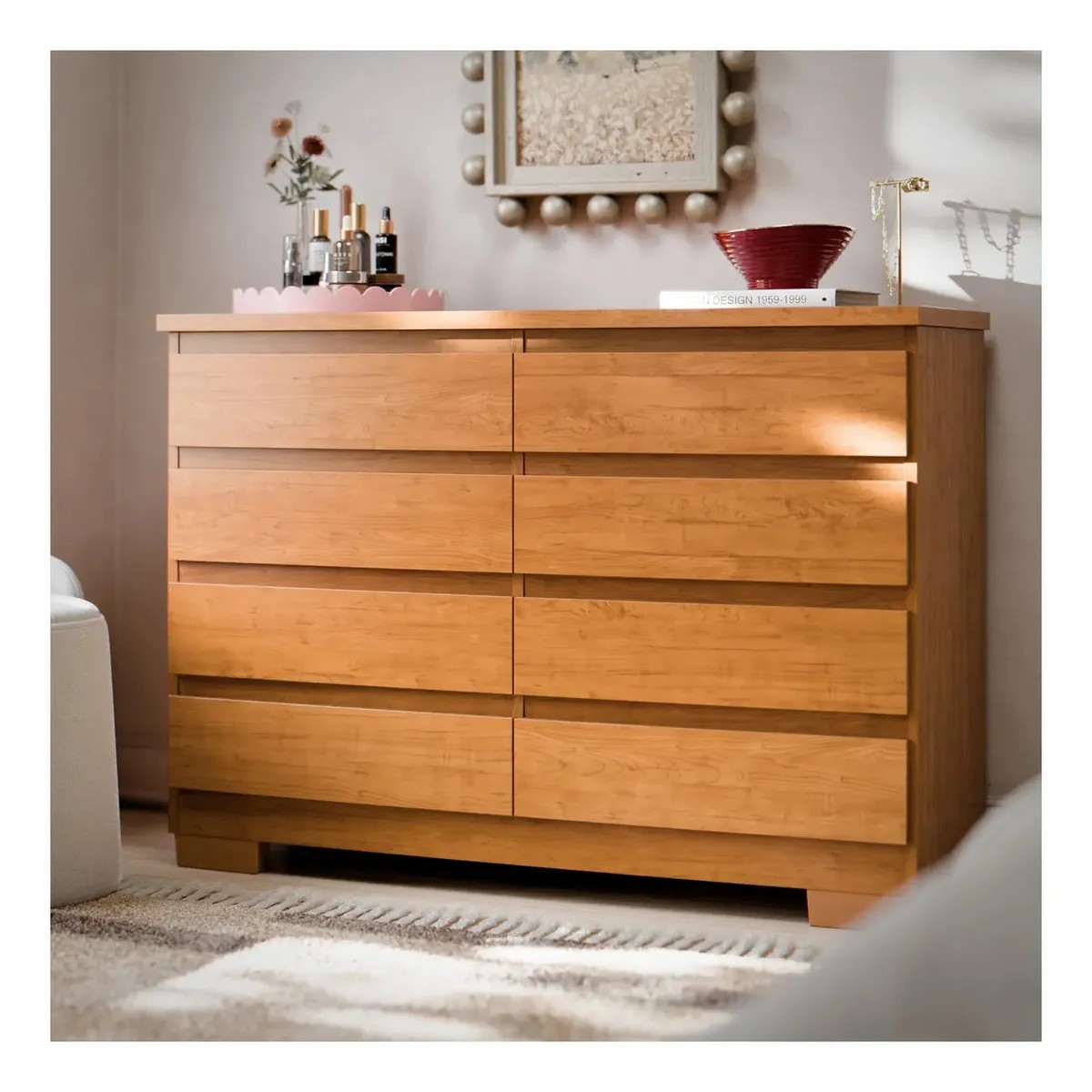 Cômoda 8 Gavetas Com Corrediças Telescópicas Pés Para Quarto Grande Casal Guarda Roupas Grécia Cor Nature