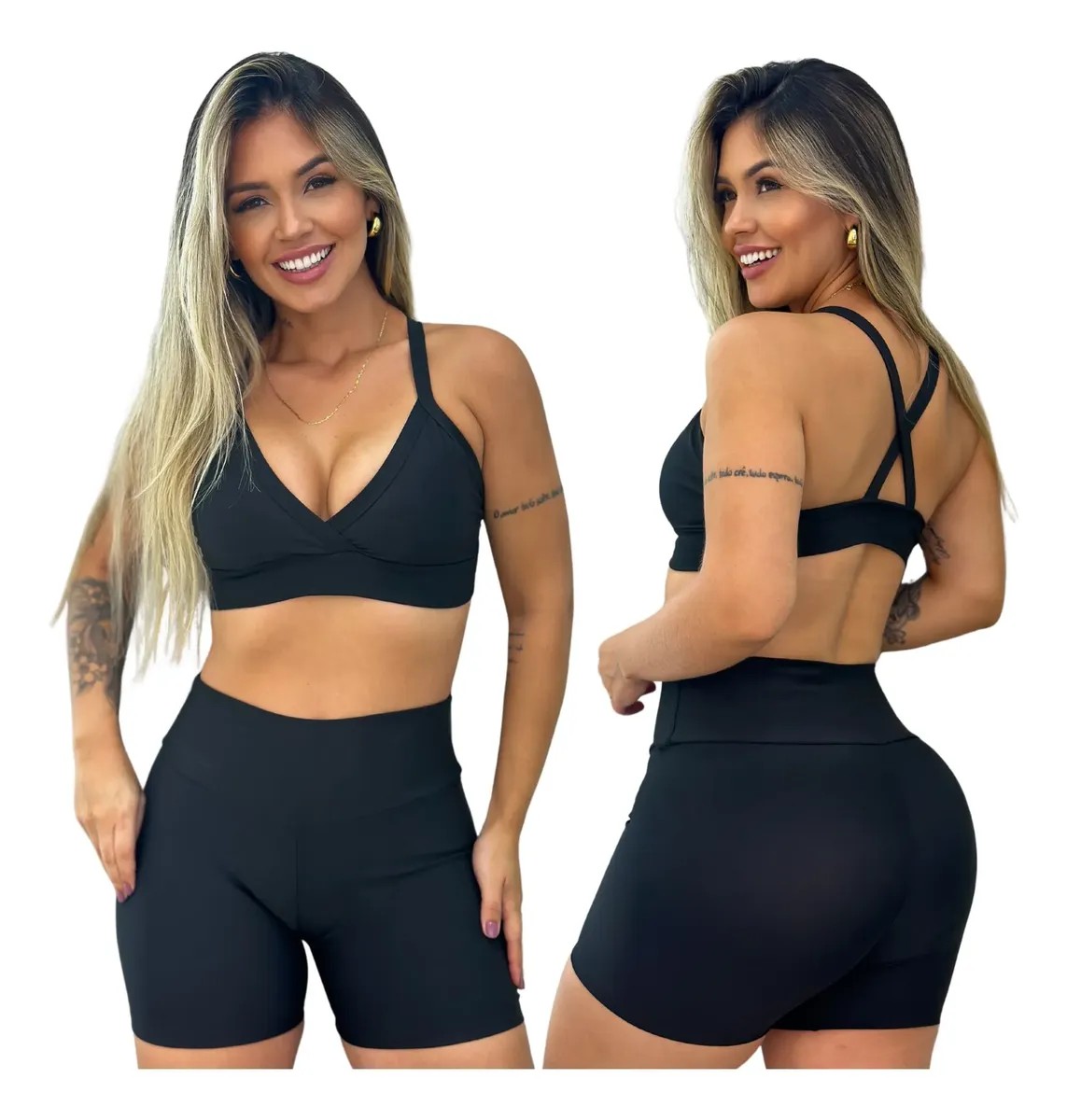 Conjunto Short E Top Academia Feminino Cós Alto Neutro