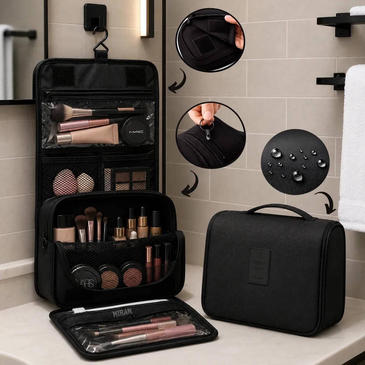 Necessaire Gancho Bolsa Dobrável Organizadora Viagem Necessaire Unissex Dobravel Higiene Mala Com Divisórias Cabide Impervemeal Feminina Masculina De Pendurar Porta Maquiagem Cor Preto - Marca Miran