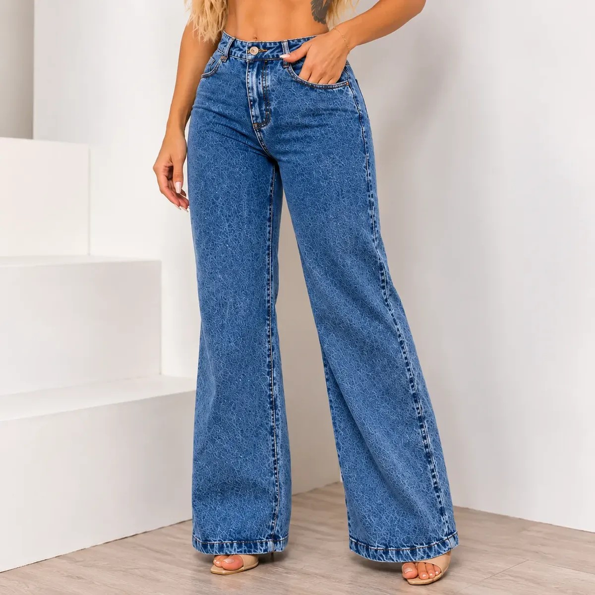 Calça Wide Leg Feminina Pantalona Cintura Alta Jeans 100%