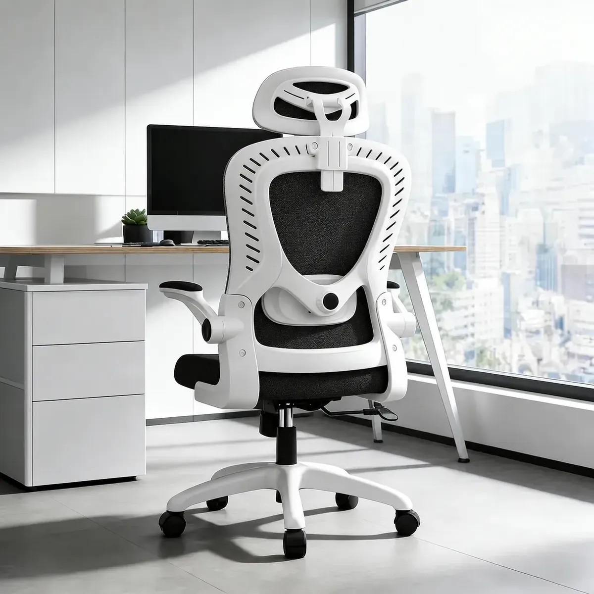 Cadeira Escritório Confortável Ergonômica Giratória Legacy Branco E Preto Algodão
