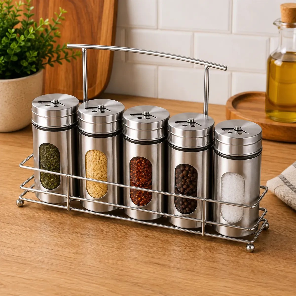 Kit C/5 Porta Condimento Temperos Vidro Aço Inox Com Suporte