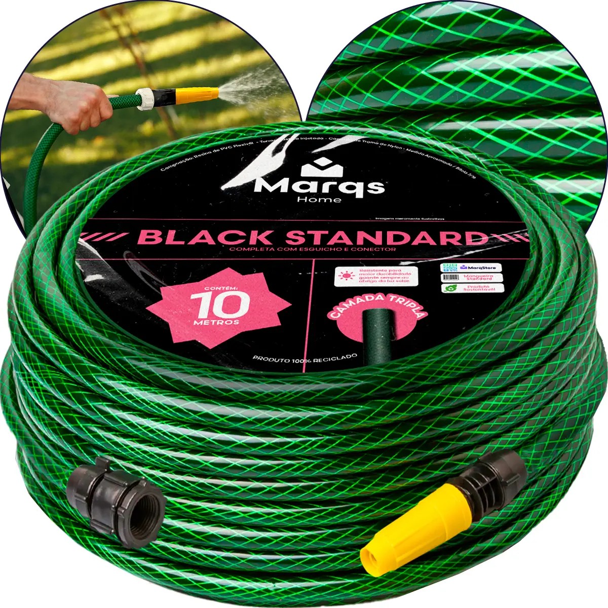 Mangueira De Jardim 10m Metros Com Esguicho Trançada Reforçada Flexível 7/16 Anti Dobra Irrigação Quintal Poço Lavagem Durável Marqs Home