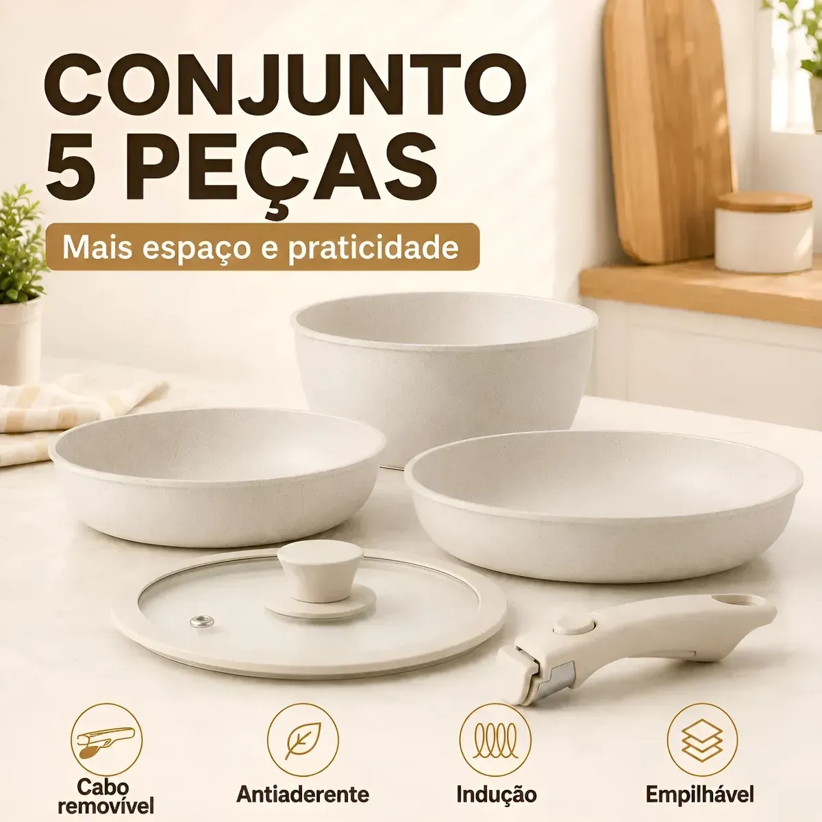 Jogo De Panelas Antiaderente 5 Peças Com Cabo Removível Bege