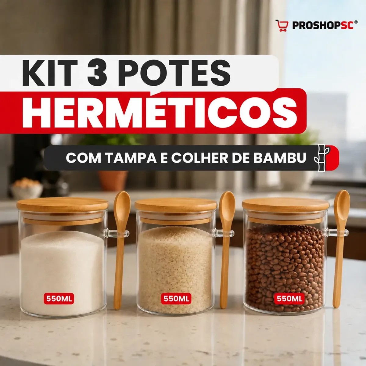 Kit 3 Potes Vidro Hermeticos Colher Tampa Bambu 550ml Transparente