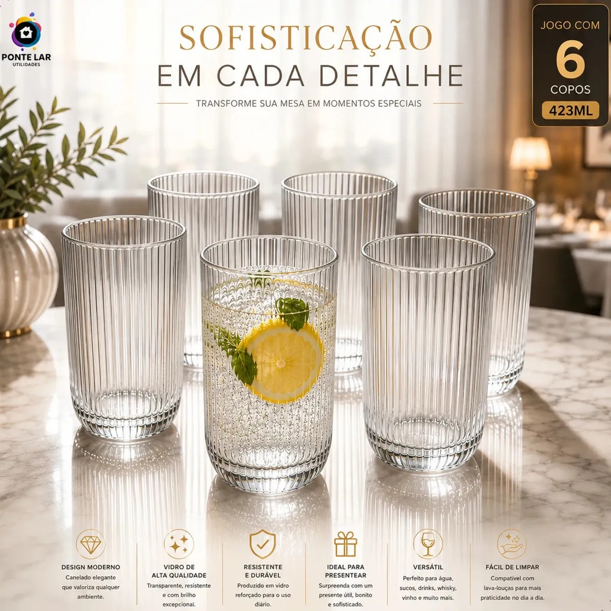 Jogo 6 Copos Vidro Canelado 423ml Moderno Elegante Premium Vinho Água Suco Drinks Gin Whisky Jogo Copos Taça Copo Conjunto Design Luxo Texturizado Cozinha Restaurante Decoração - Ponte Lar Utilidades