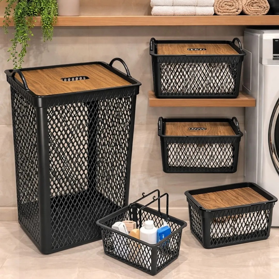Kit 5 Peças Organizador Telado Tampa Tipo Madeira - Preto Preto Telado