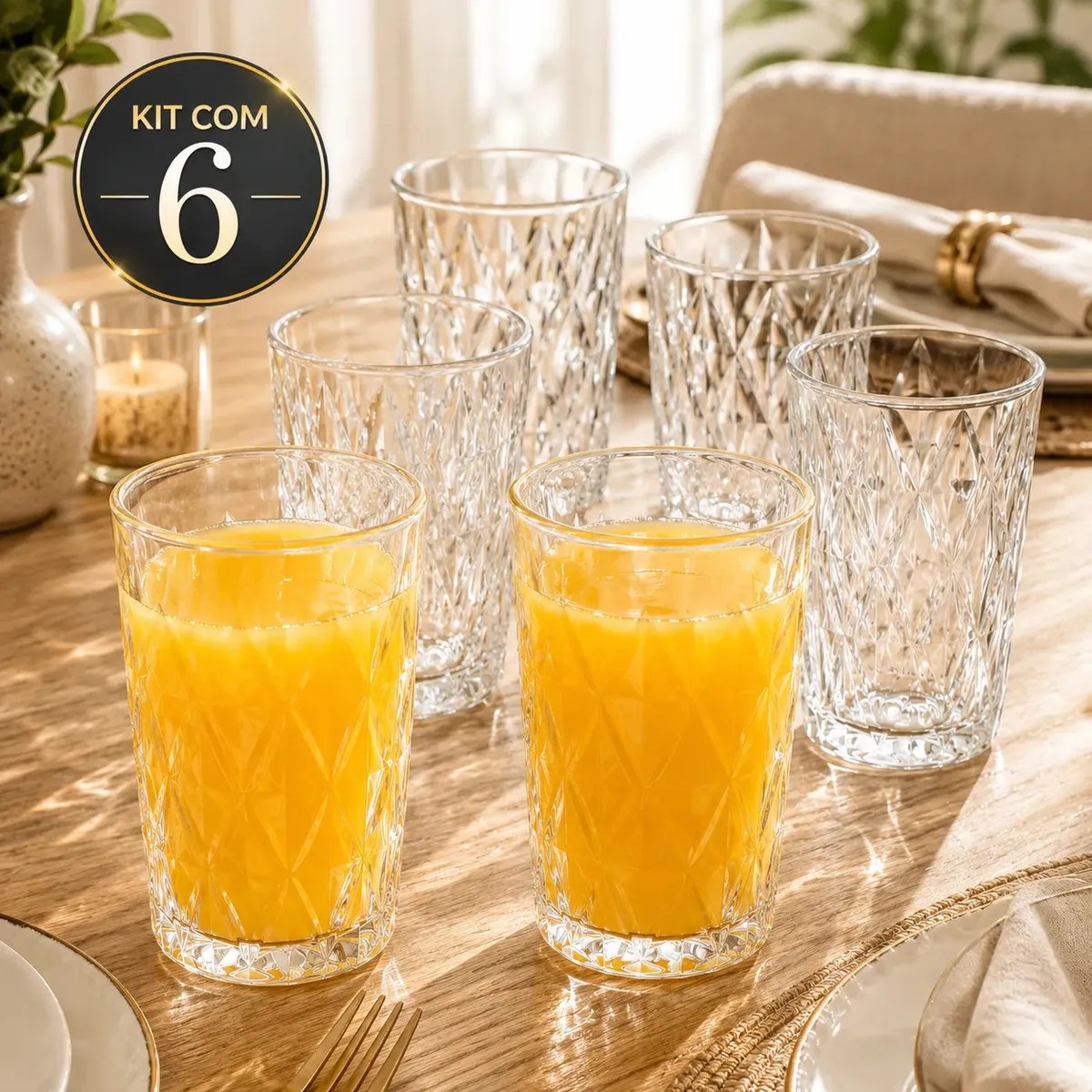 Jogo 6 Copos 400ML Grande Vidro Grosso Diamond Resistente Transparente Kit para Drink Água Suco Restaurante Diamante Sólar