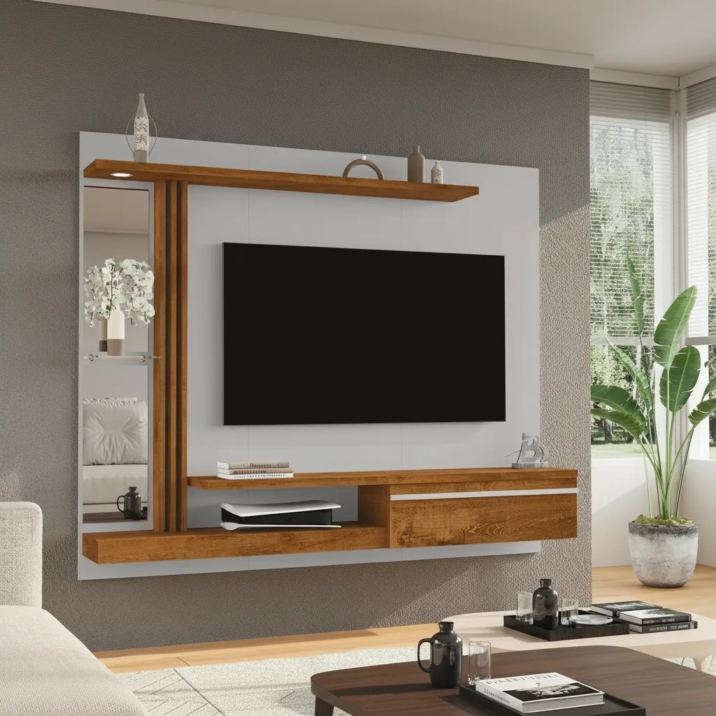 Painel Rack Denver Para Tv 55 Polegadas Com Espelho E Led Off-white/naturalle