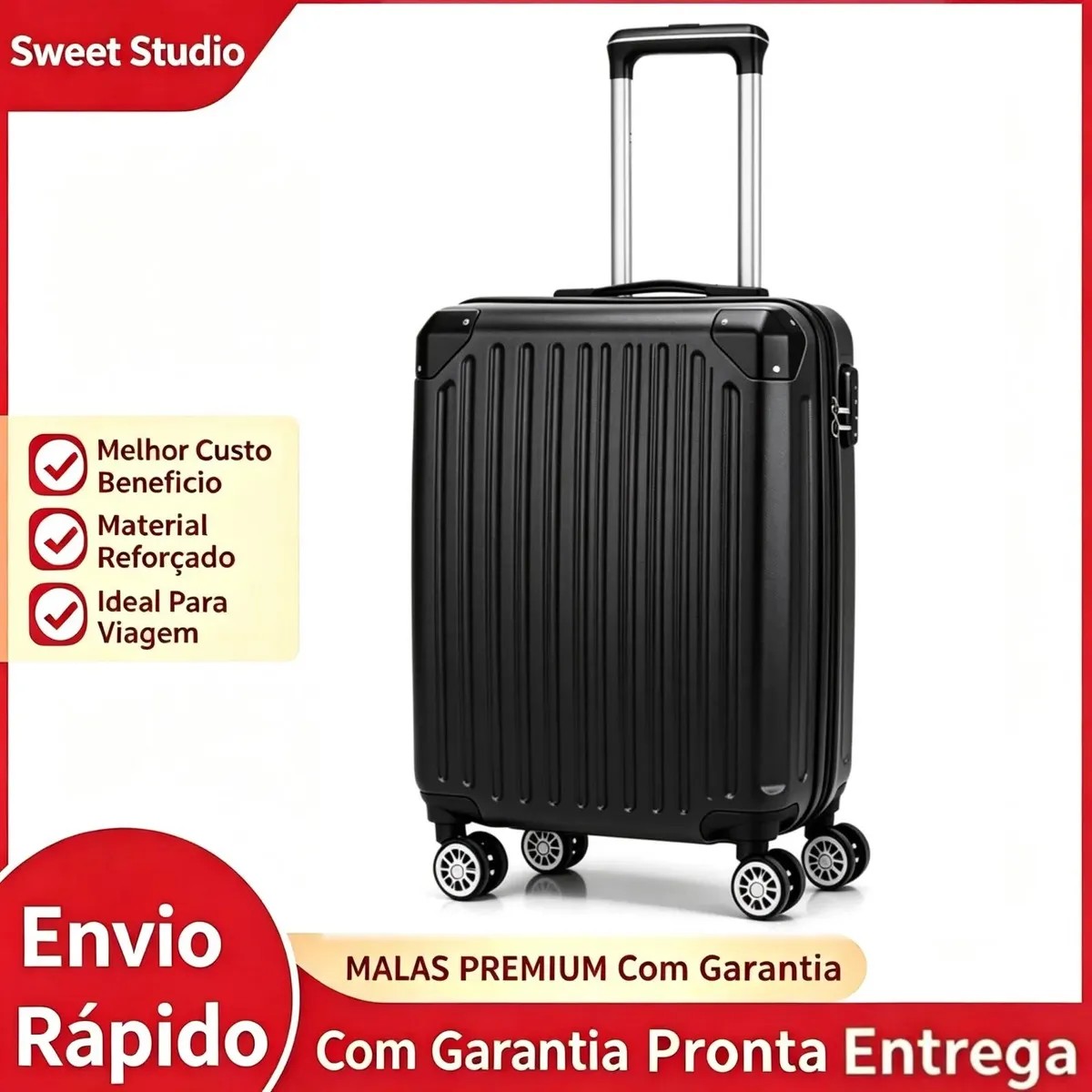 Mala de Bordo Sweet Studio Rígida Preta Com Rodinhas Duplas e Zíper Expansível Cor Preto 2075