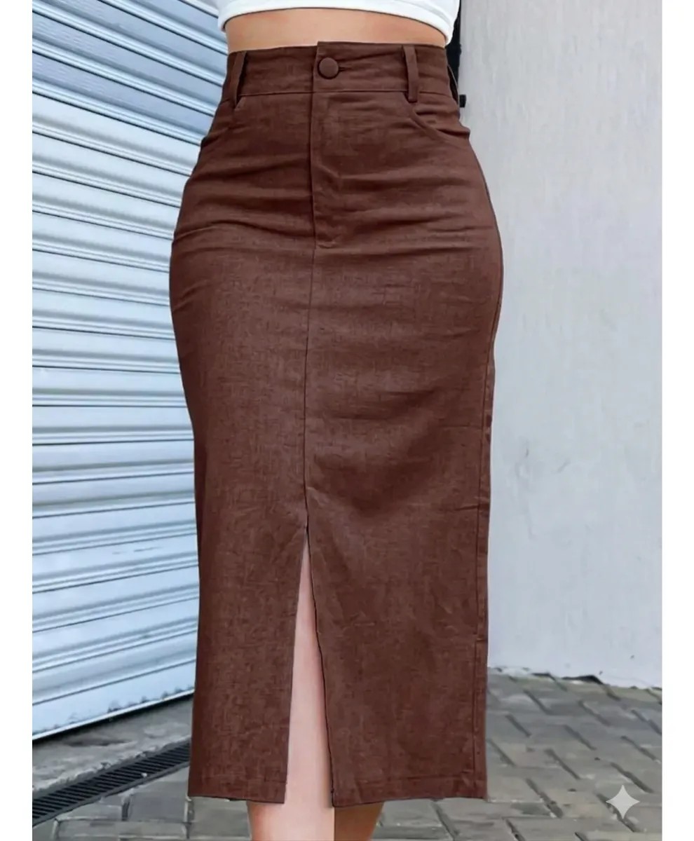 Saia Midi Feminina Tecido Marrante Com Fenda Frontal Premium Marrom Liso P