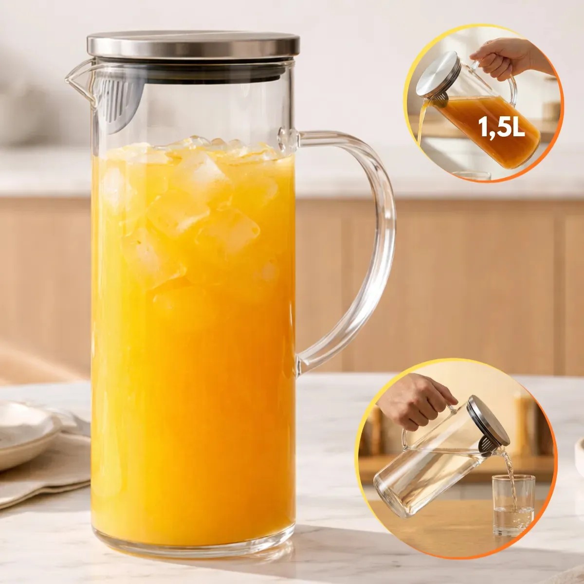 Jarra Vidro Borossilicato 1,5 Litros Tampa Inox Hermética 1,5l Inox