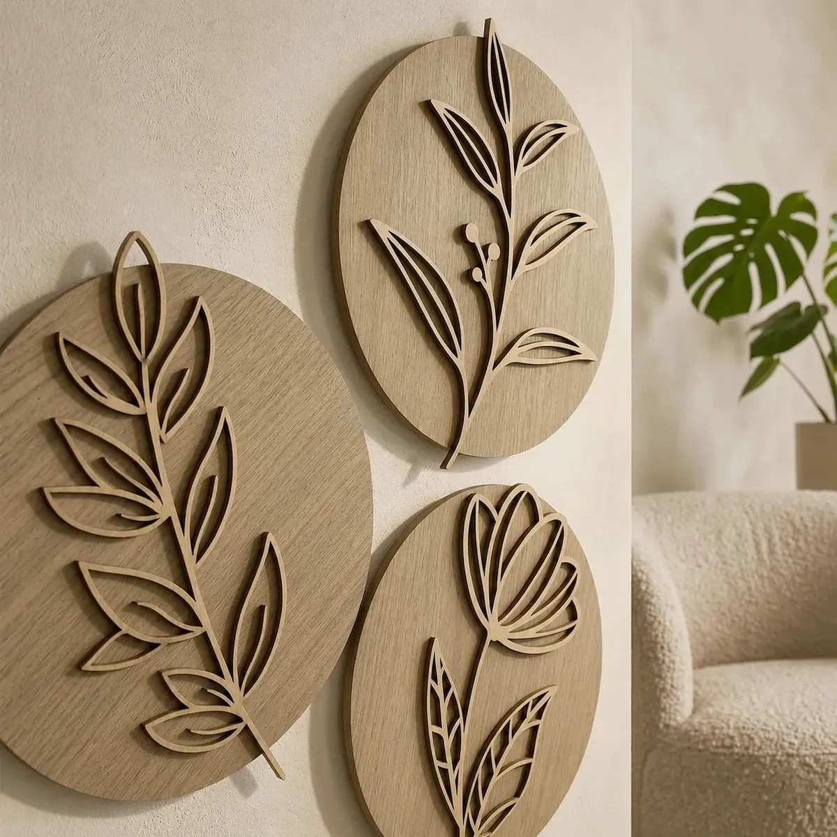 Trio De Quadro Redondos Decoração Mdf Flor Folhagem 3d Cor Freijó