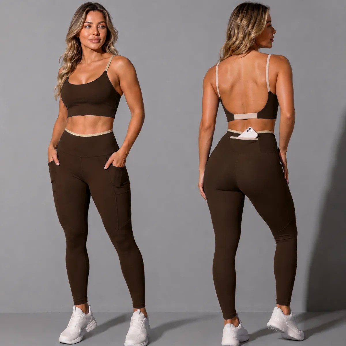 Conjunto Academia Top Calça Legging Fitness Roupa Kit Bolso Marrom/areia Liso Gg 42/44