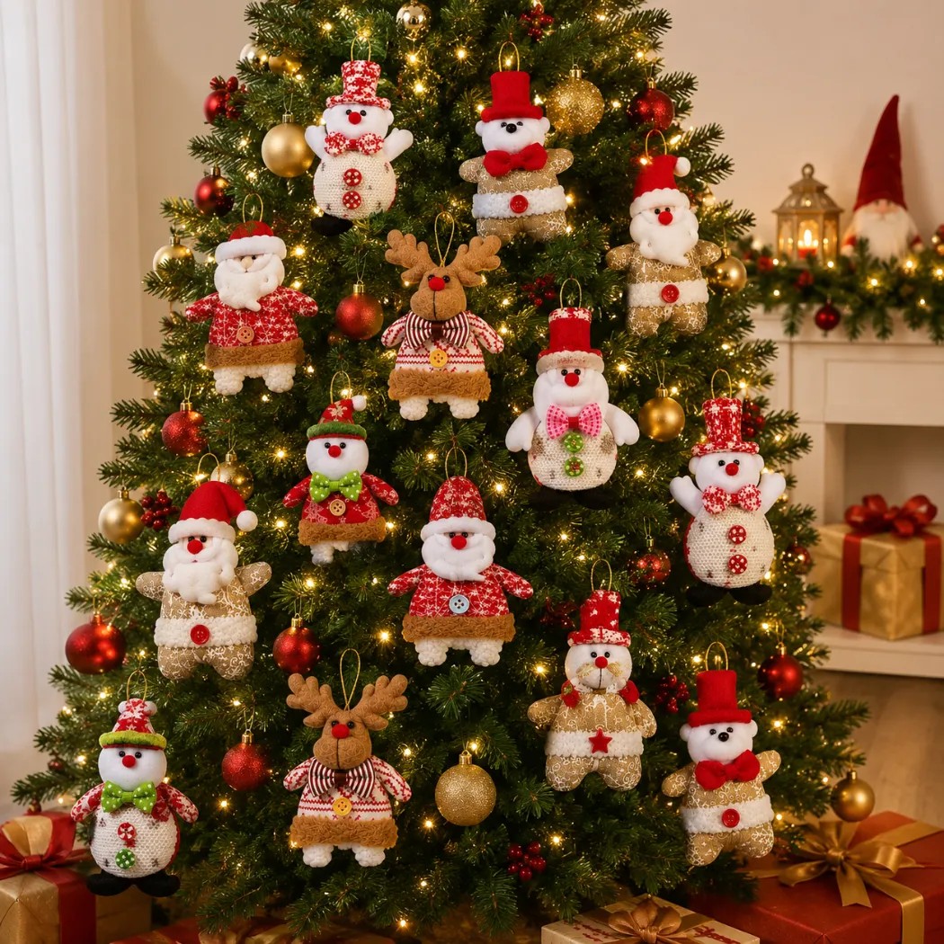 Kit 10 Enfeites Natal Pelucia Bonecos Grandes Decoração Luxo Vermelho
