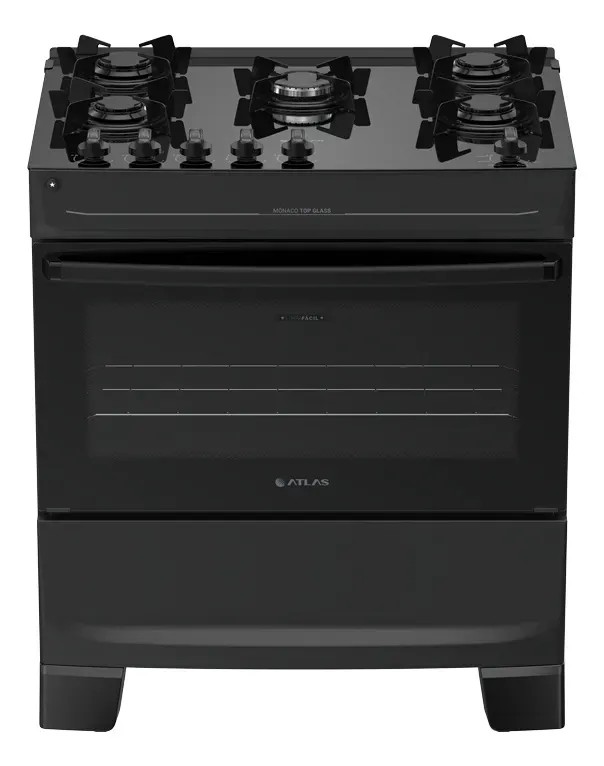 Fogão 5 Bocas Atlas Mônaco Top Glass Automático Mesa De Vidro Preto