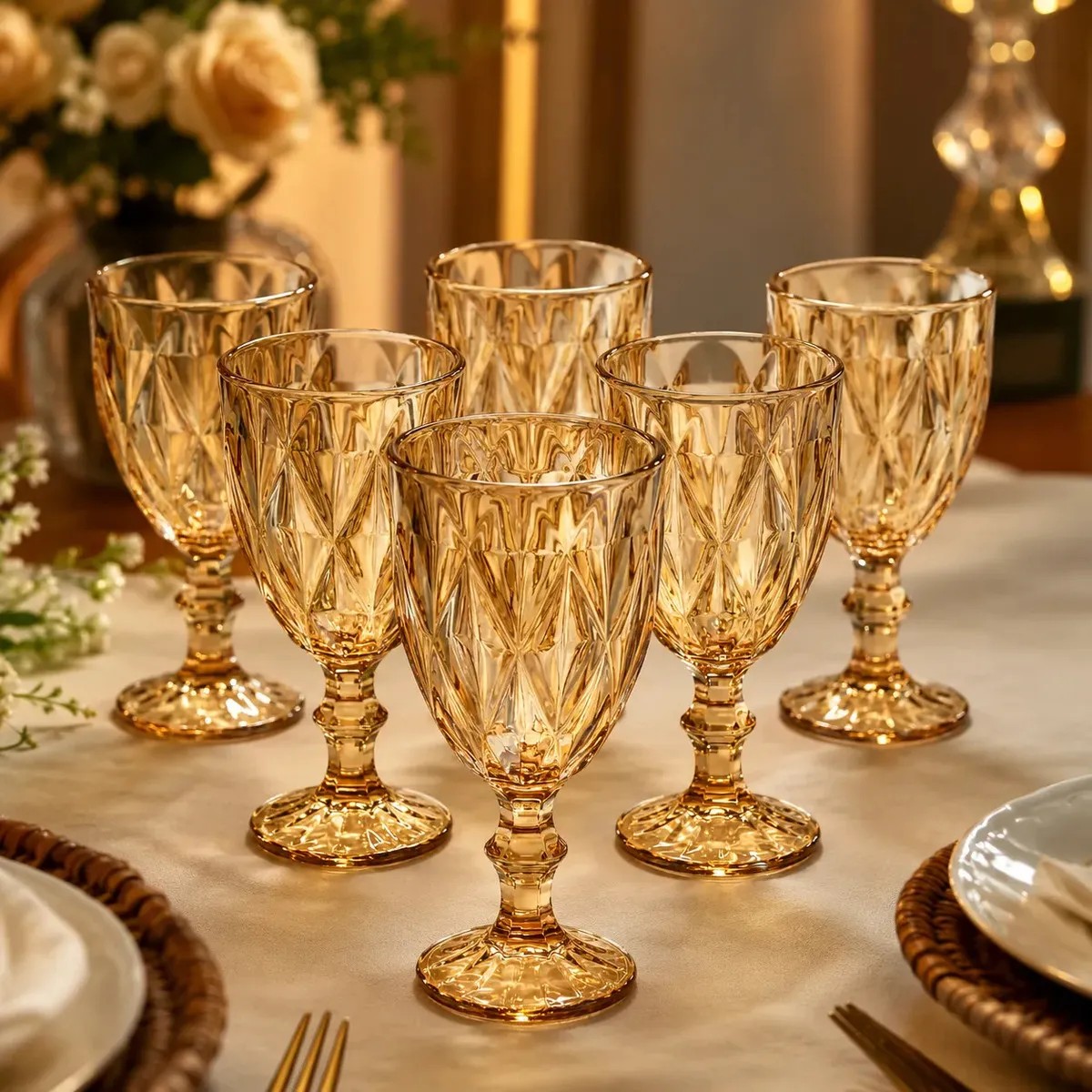 Kit 6 Taças De Vidro Diamond Âmbar 330ml Bico De Jaca Transparente Para Água Vinho Suco Drinks Mesa Posta Cozinha Bar Festa