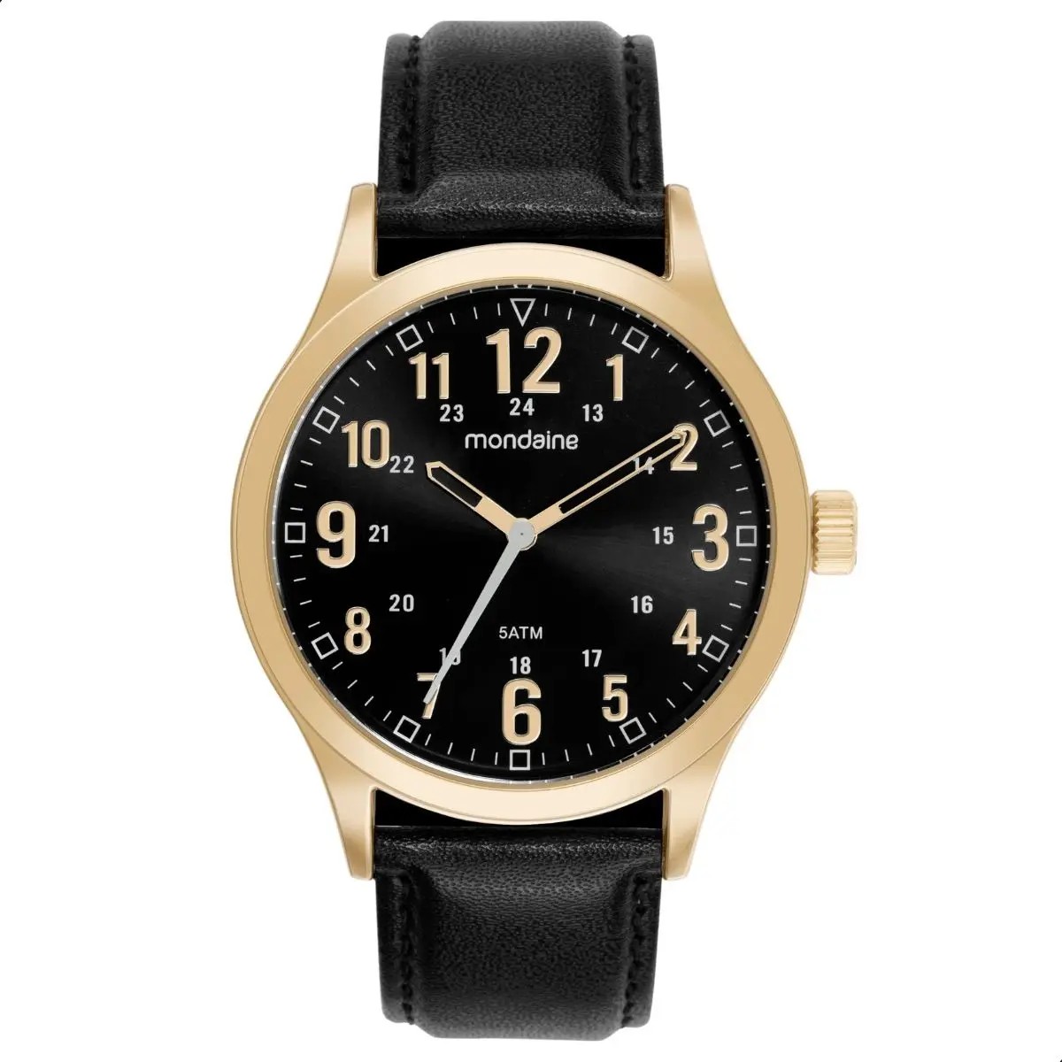 Relógio Mondaine Masculino 99626GPMVDH2 Dourado Analógico Couro Preto Mostrador Preto 5 ATM 50m Cristal Mineral 44mm Casual Social Original